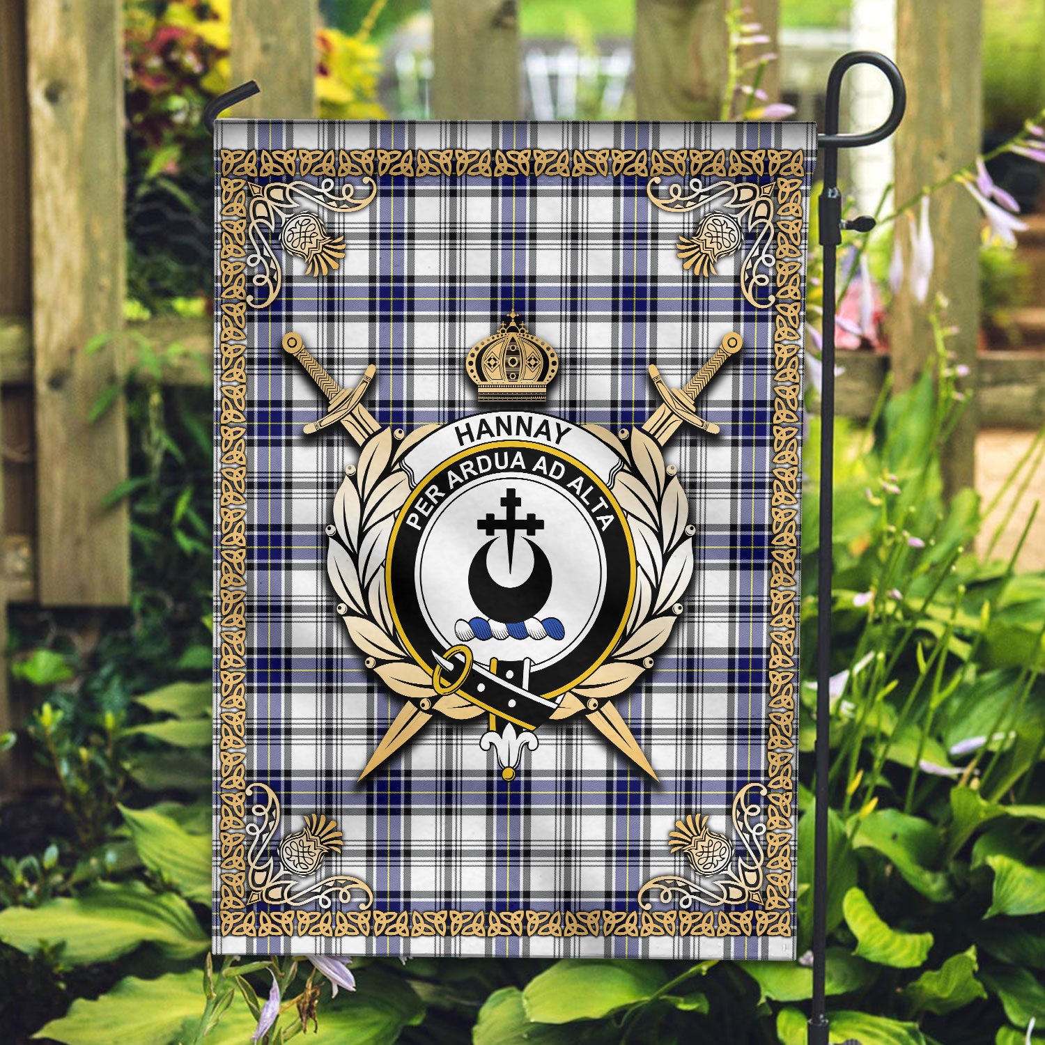 Hannay Modern Tartan Crest Garden Flag - Celtic Thistle Style