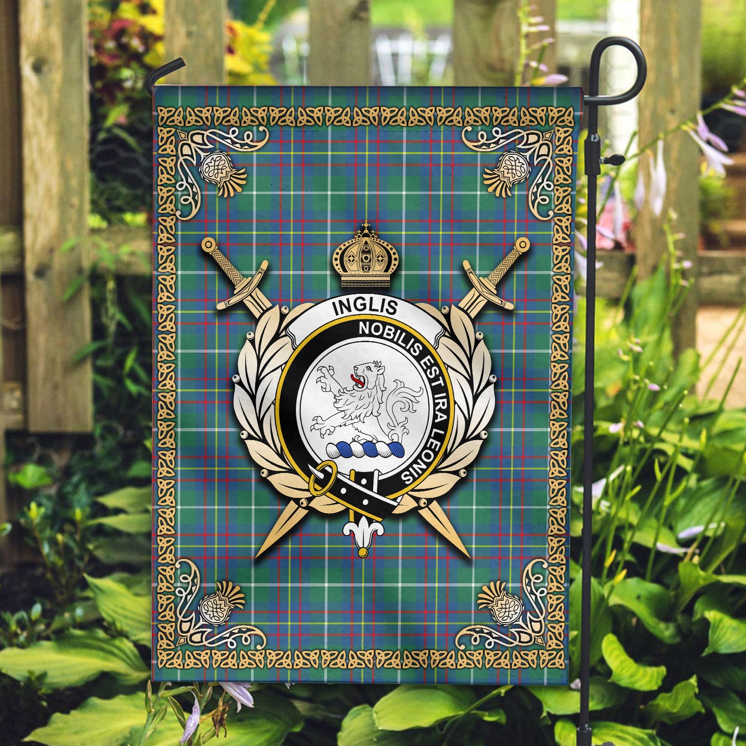 Inglis Ancient Tartan Crest Garden Flag - Celtic Thistle Style