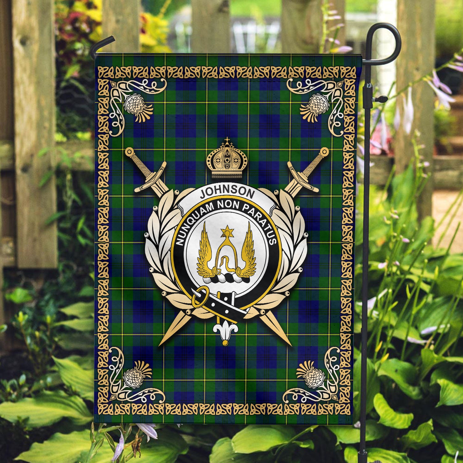 Johnson Modern Tartan Crest Garden Flag - Celtic Thistle Style