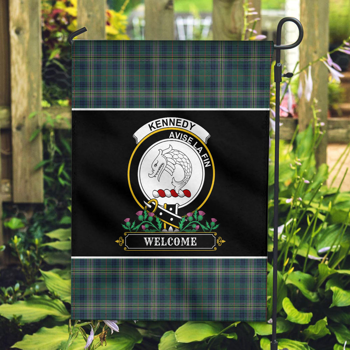 Kennedy Modern Tartan Crest Garden Flag - Welcome Style