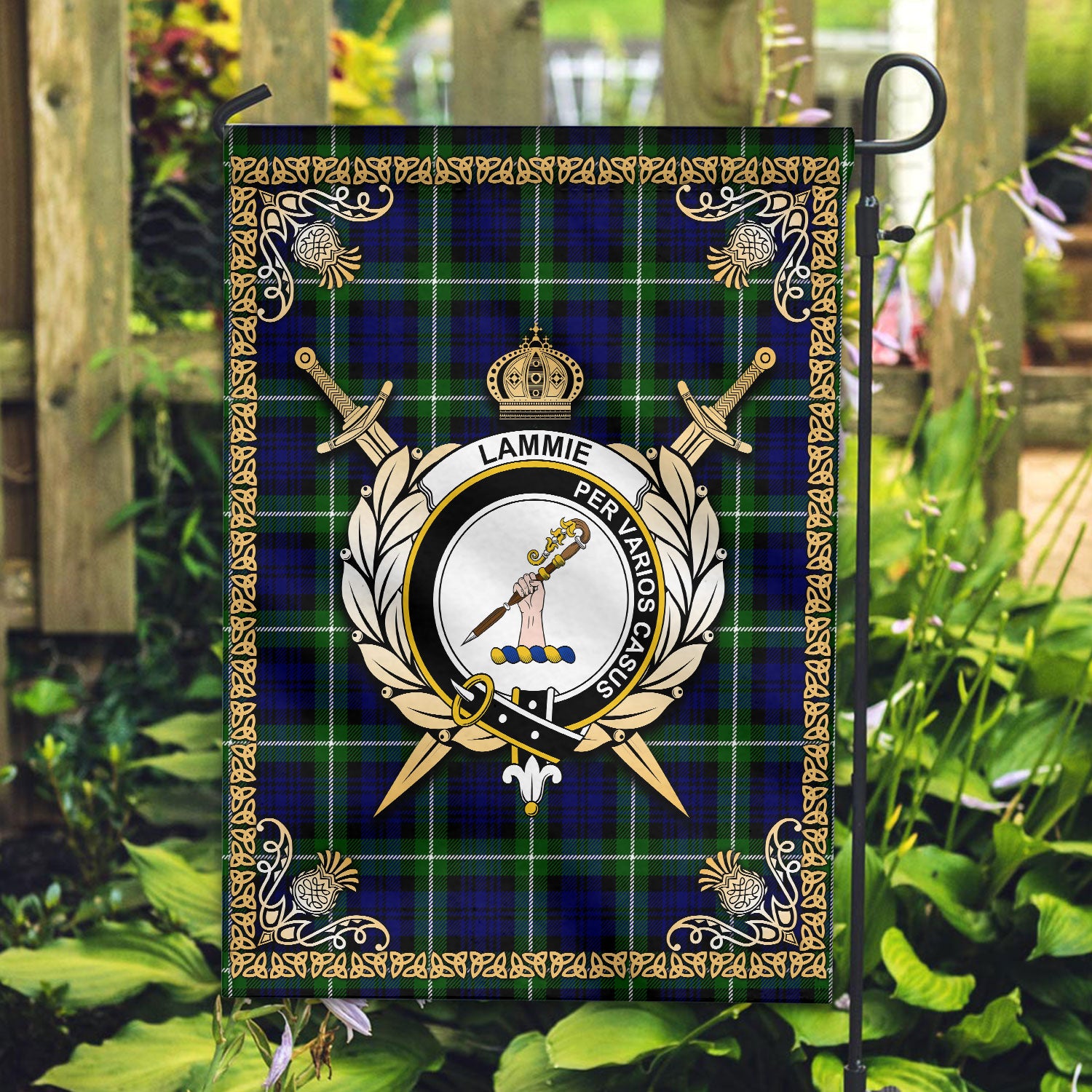 Lammie Tartan Crest Garden Flag - Celtic Thistle Style