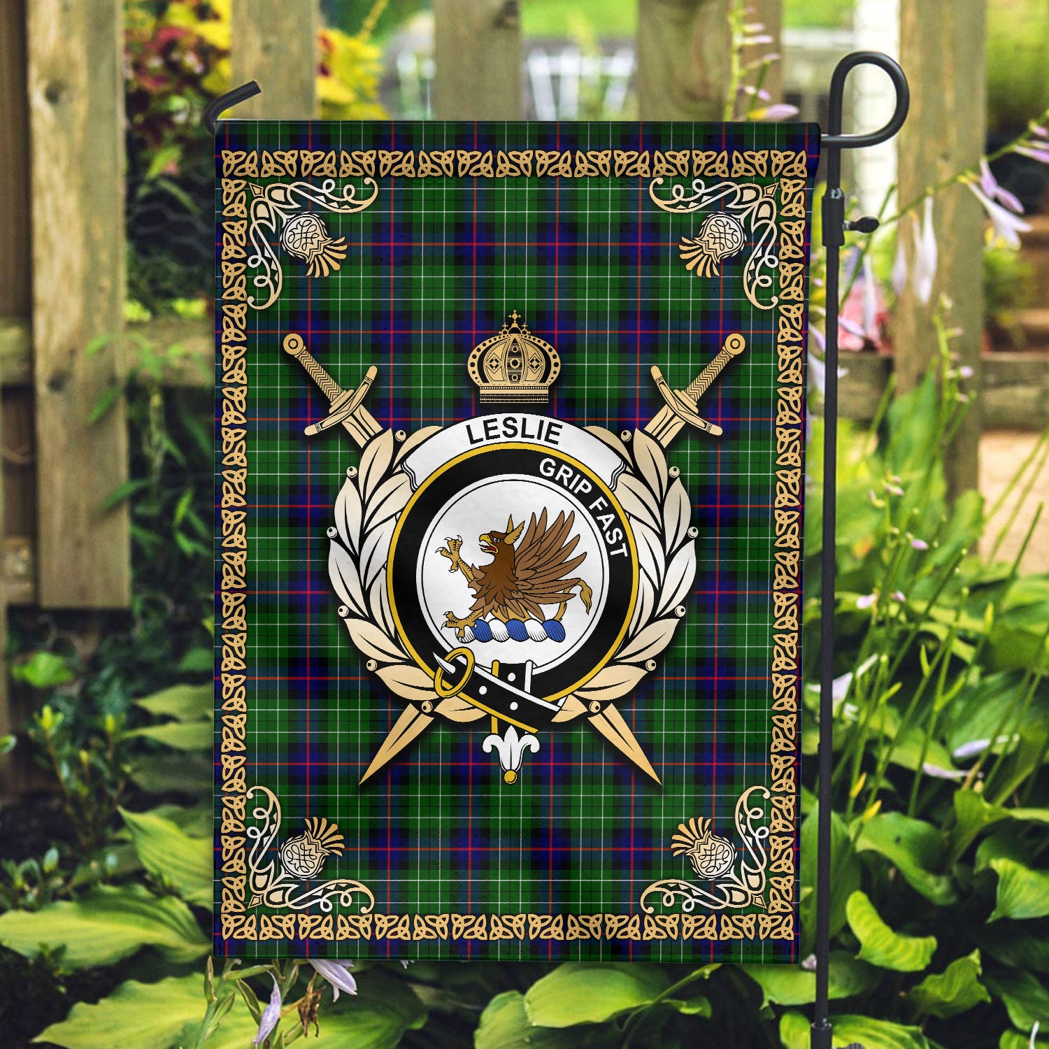 Leslie Hunting Tartan Crest Garden Flag - Celtic Thistle Style