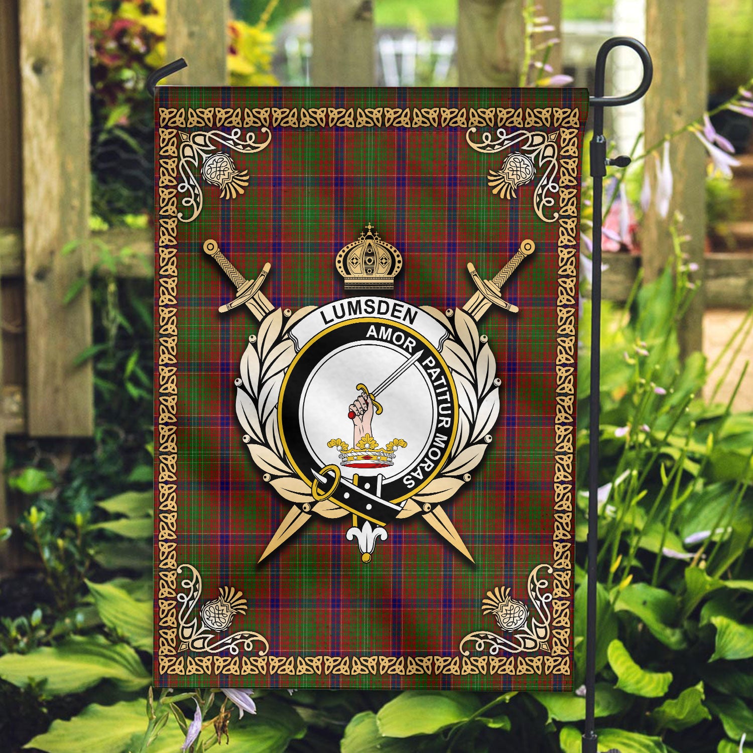 Lumsden Tartan Crest Garden Flag - Celtic Thistle Style