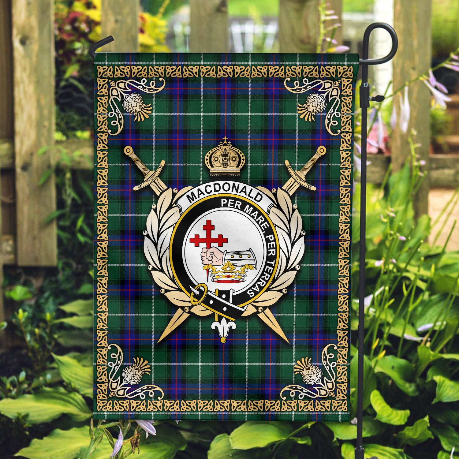 MacDonald of the Isles Hunting Modern Tartan Crest Garden Flag - Celtic Thistle Style
