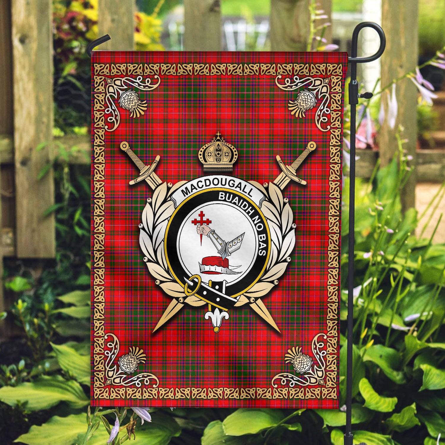 MacDougall Modern Tartan Crest Garden Flag - Celtic Thistle Style