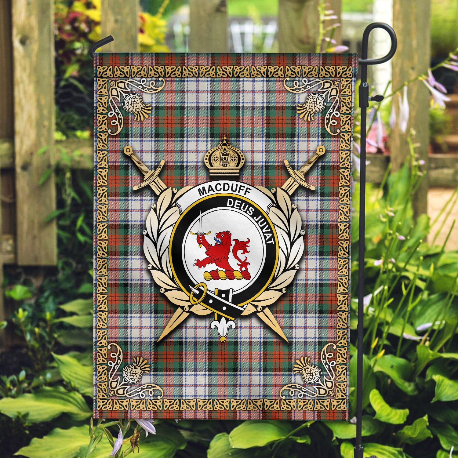 MacDuff Dress Ancient Tartan Crest Garden Flag - Celtic Thistle Style