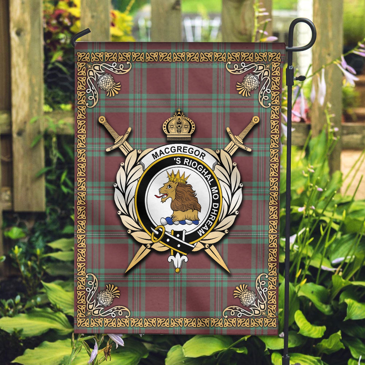 MacGregor Hunting Ancient Tartan Crest Garden Flag - Celtic Thistle Style