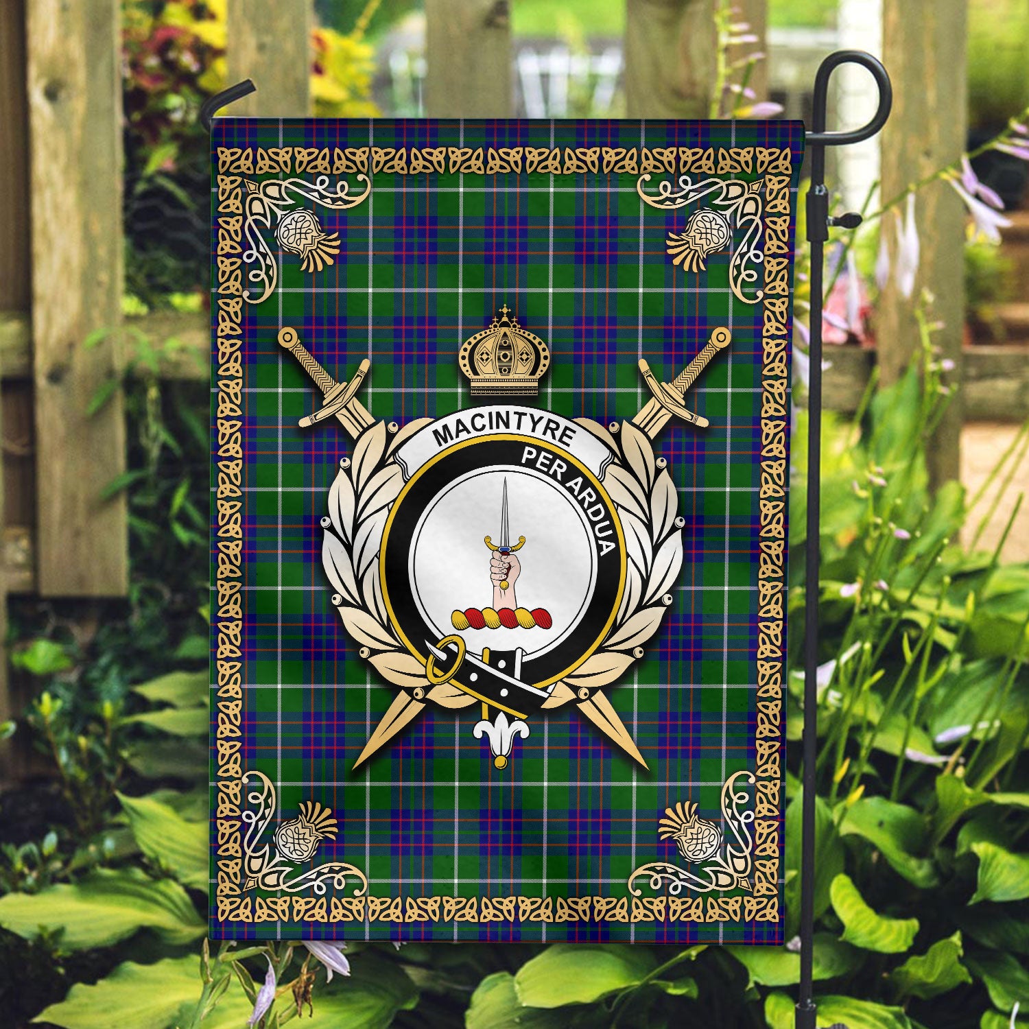 MacIntyre Hunting Modern Tartan Crest Garden Flag - Celtic Thistle Style