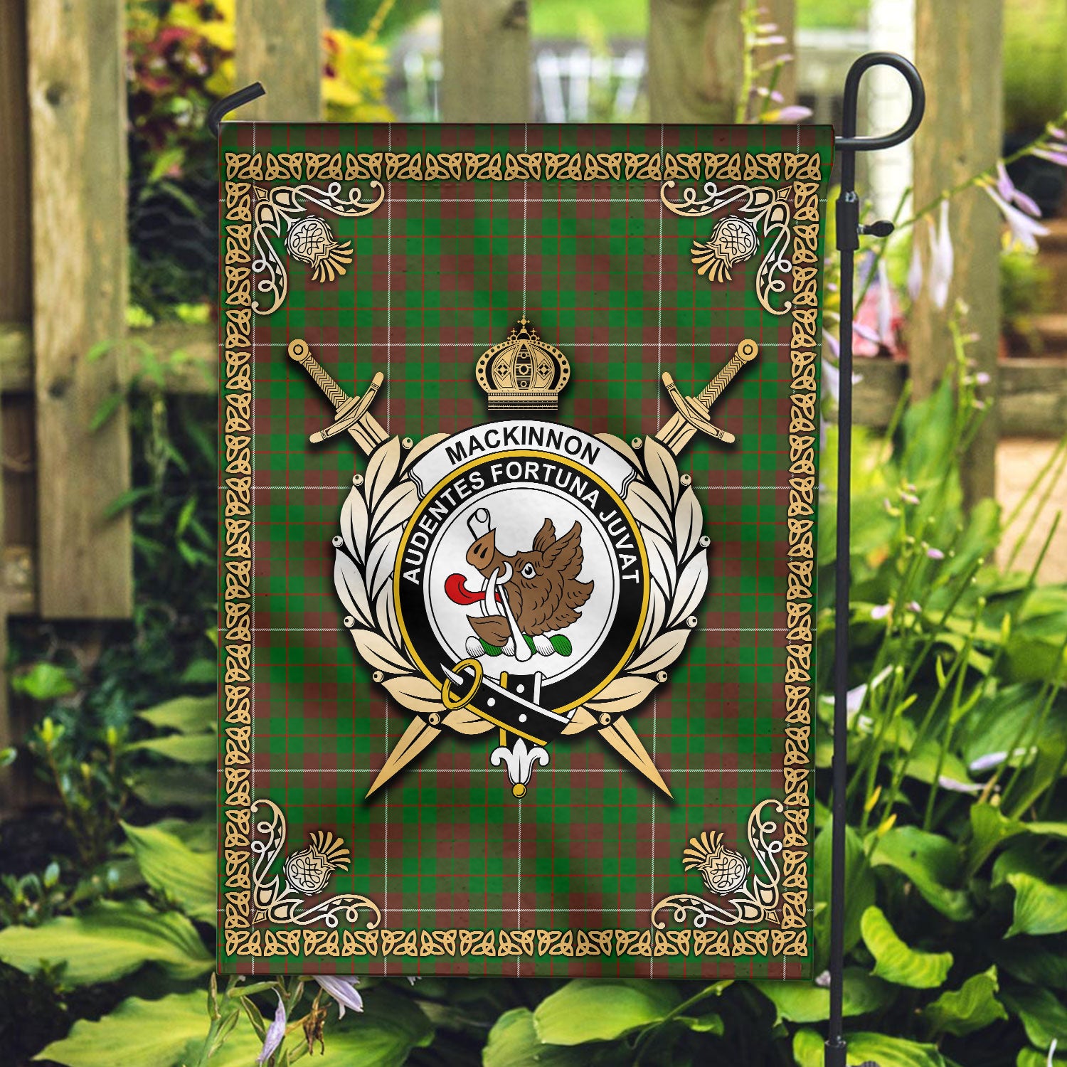 MacKinnon Hunting Modern Tartan Crest Garden Flag - Celtic Thistle Style
