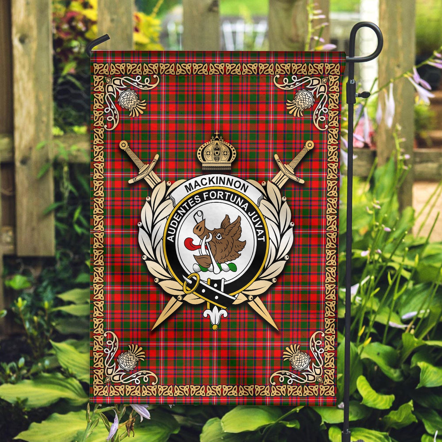 MacKinnon Modern Tartan Crest Garden Flag - Celtic Thistle Style