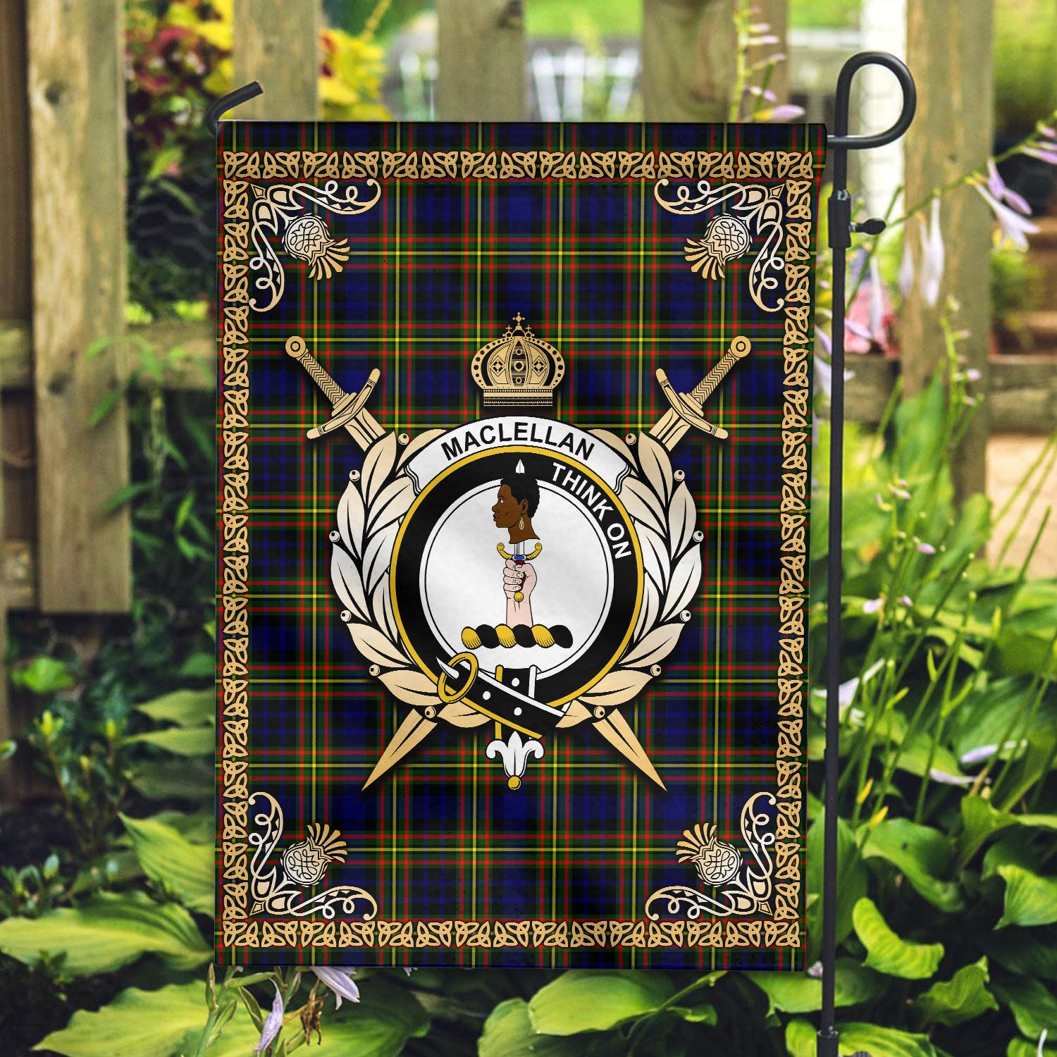 MacLellan Modern Tartan Crest Garden Flag - Celtic Thistle Style