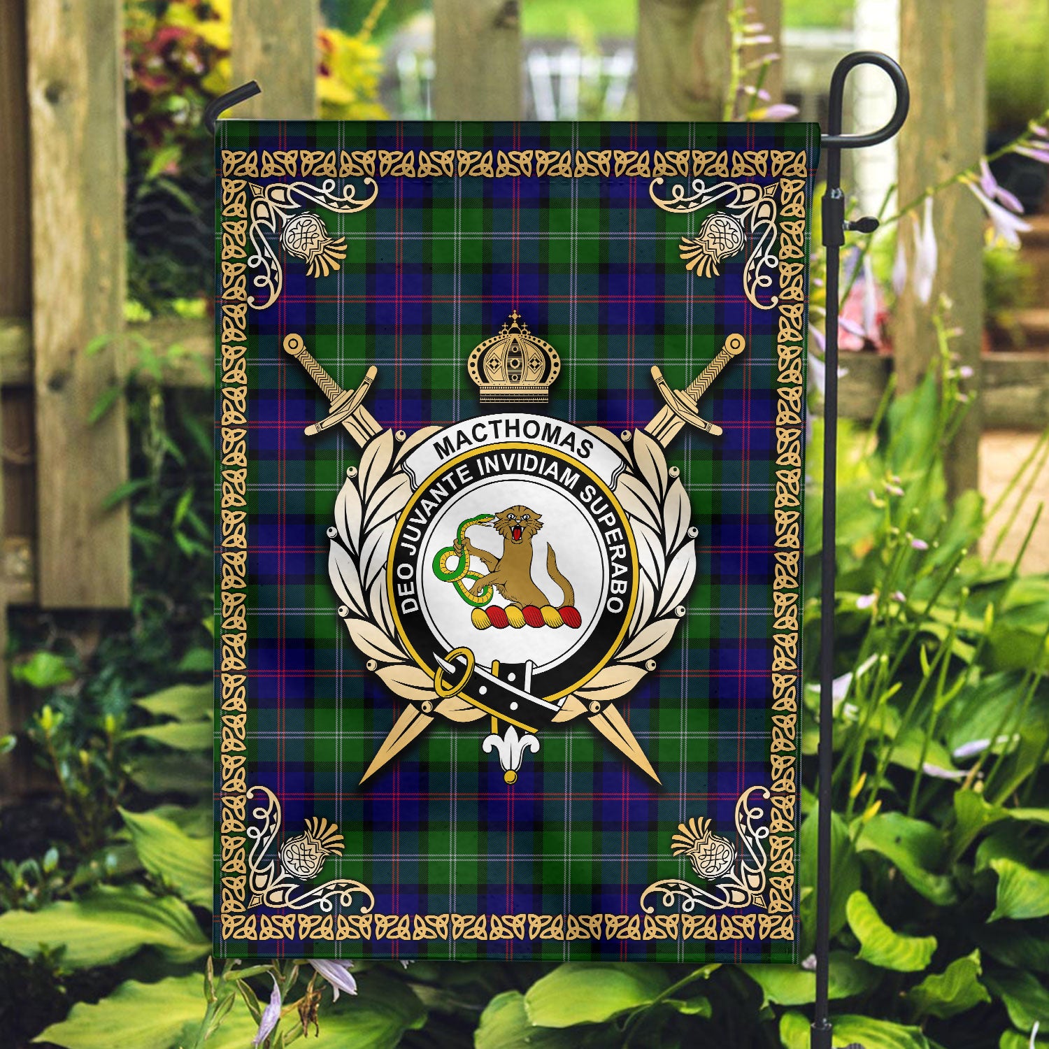 MacThomas Modern Tartan Crest Garden Flag - Celtic Thistle Style