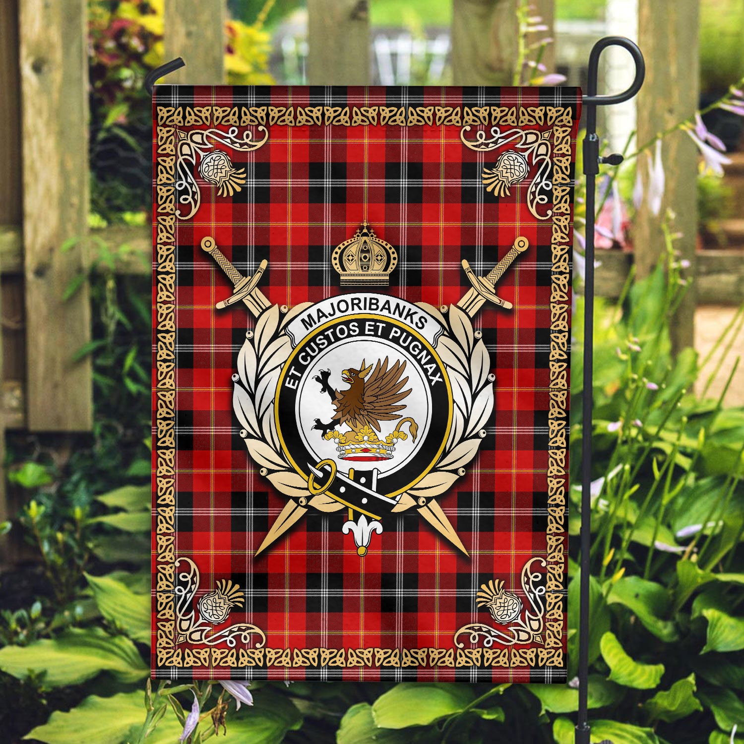 Majoribanks Tartan Crest Garden Flag - Celtic Thistle Style