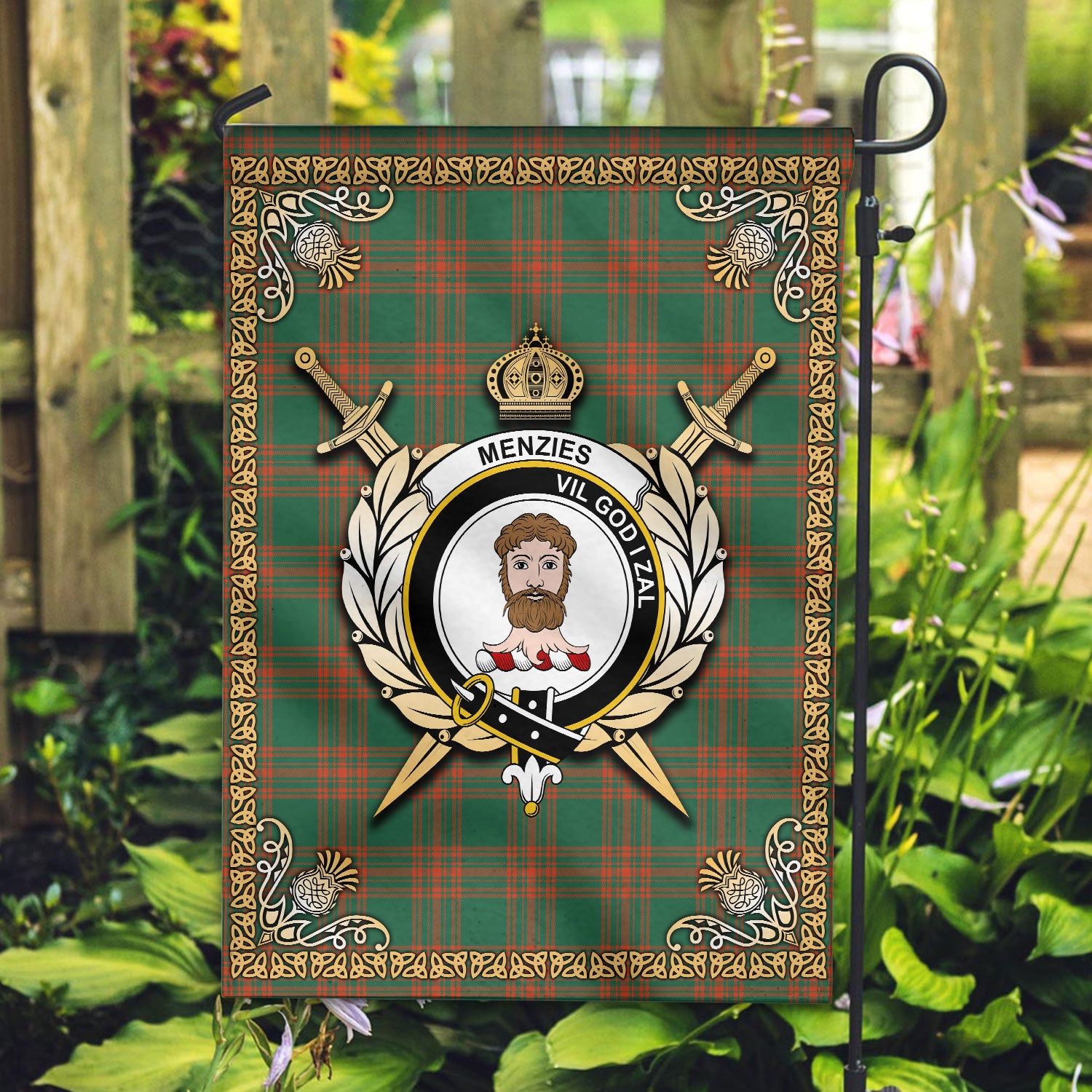 Menzies Green Ancient Tartan Crest Garden Flag - Celtic Thistle Style