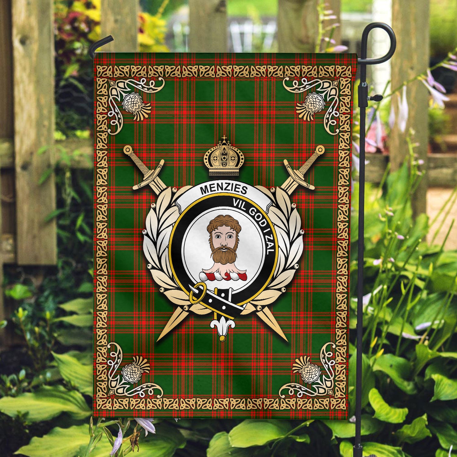 Menzies Green Modern Tartan Crest Garden Flag - Celtic Thistle Style