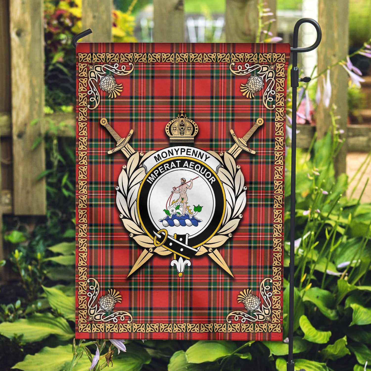 Monypenny Tartan Crest Garden Flag - Celtic Thistle Style