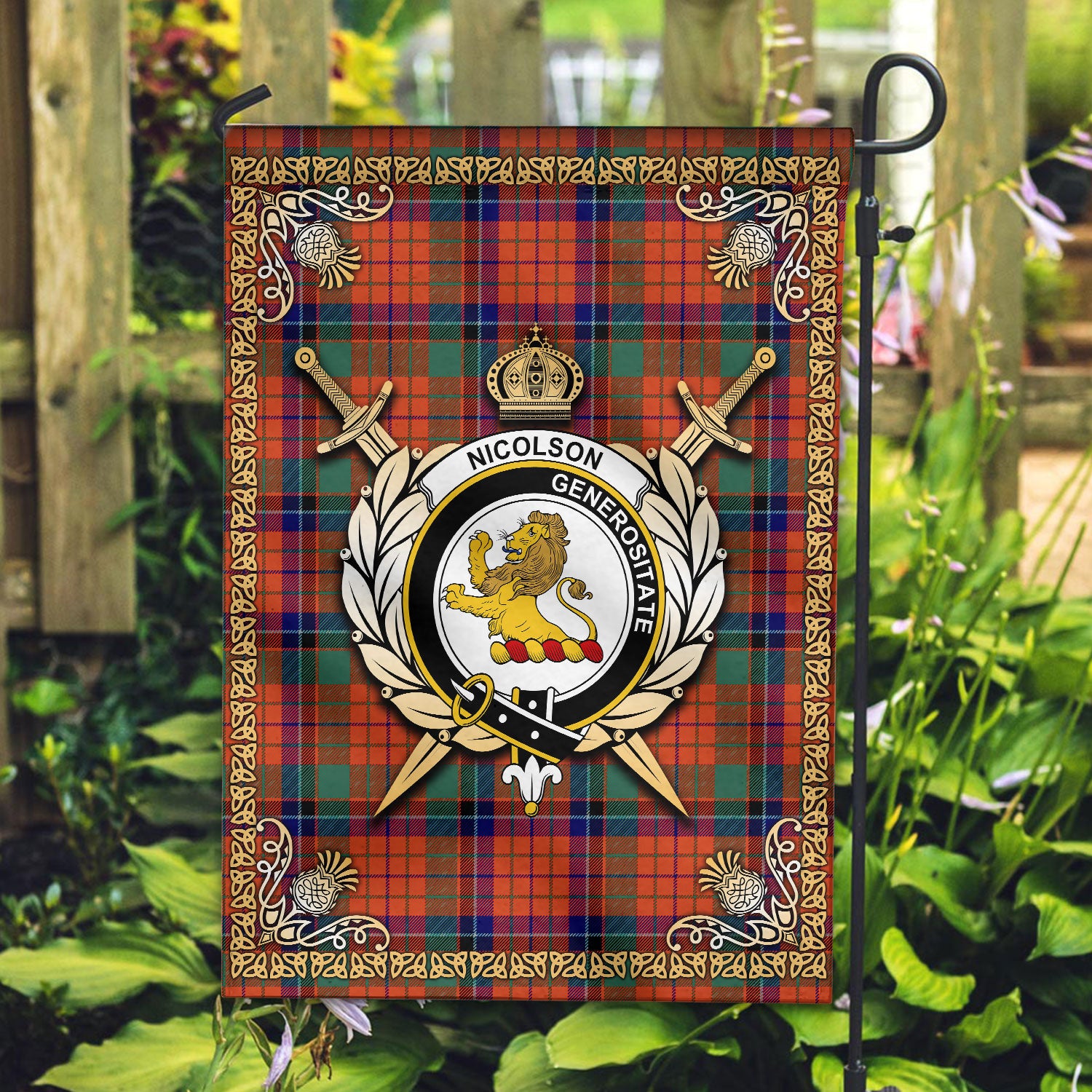 Nicolson Ancient Old Tartan Crest Garden Flag - Celtic Thistle Style
