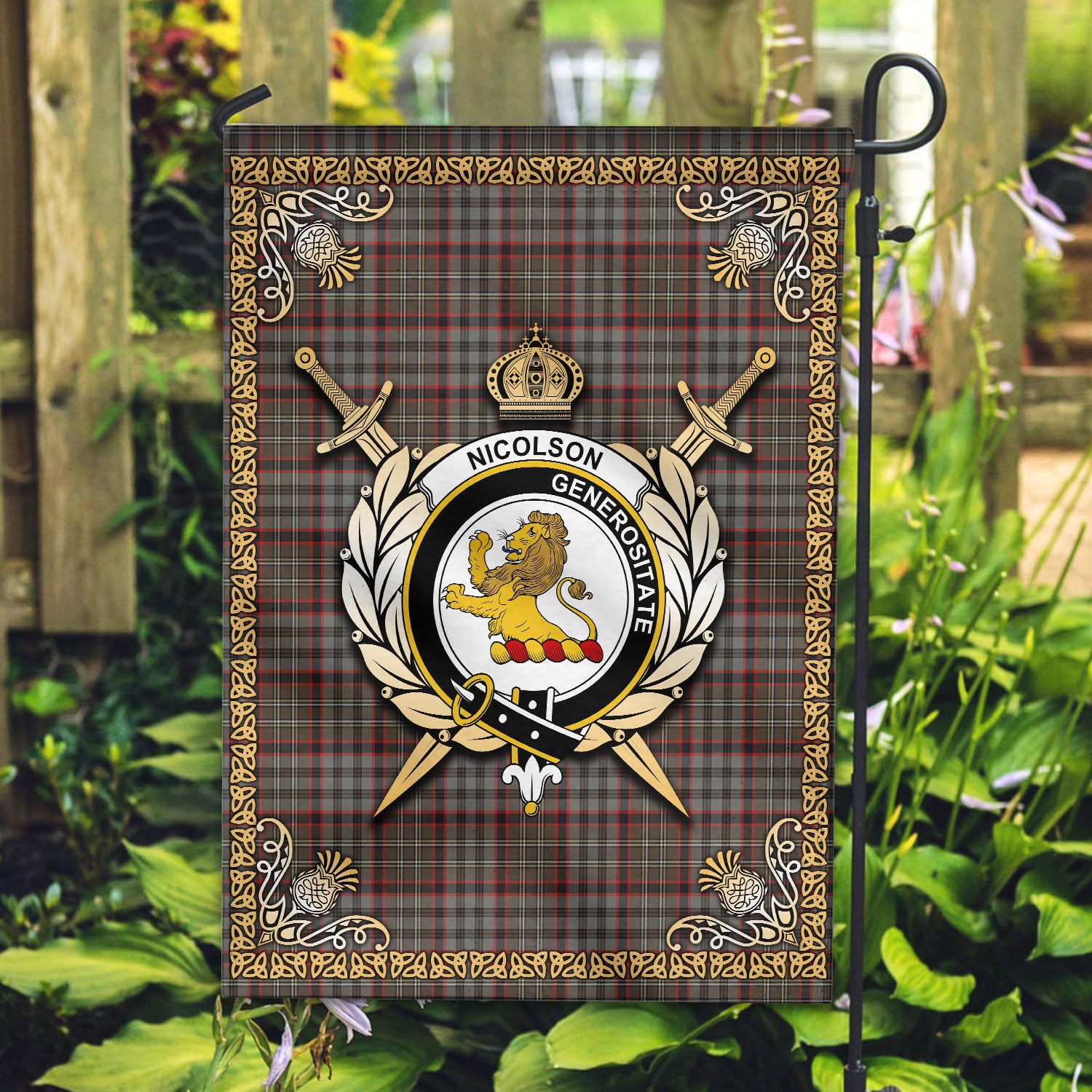 Nicolson Hunting Weathered Tartan Crest Garden Flag - Celtic Thistle Style