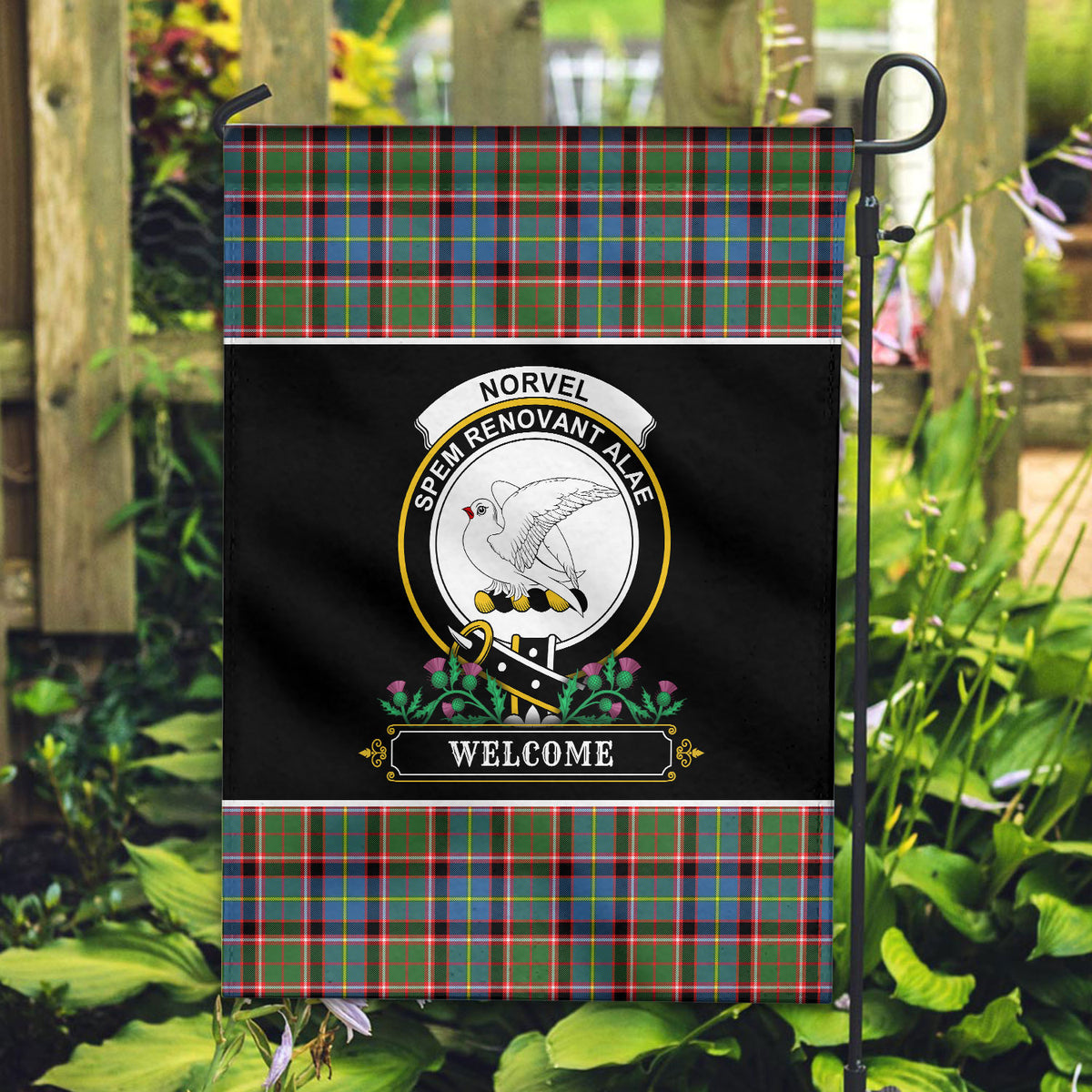 Norvel (or Norvill) Tartan Crest Garden Flag - Welcome Style
