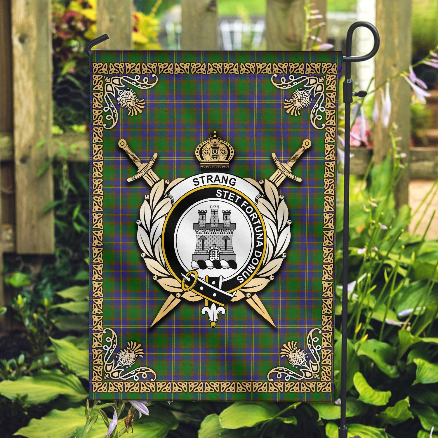 Strang (or Strange) Tartan Crest Garden Flag - Celtic Thistle Style