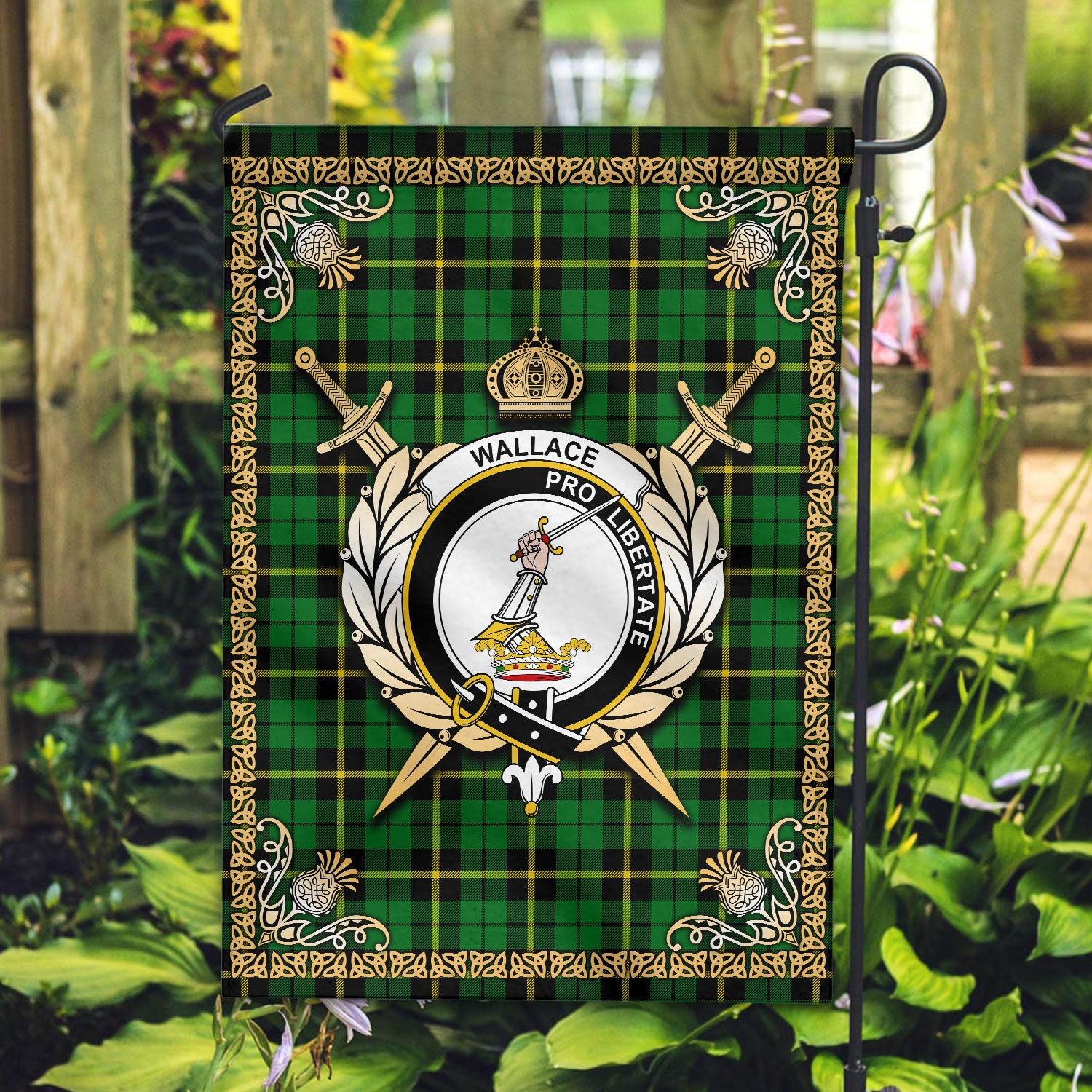 Wallace Hunting Modern Tartan Crest Garden Flag - Celtic Thistle Style