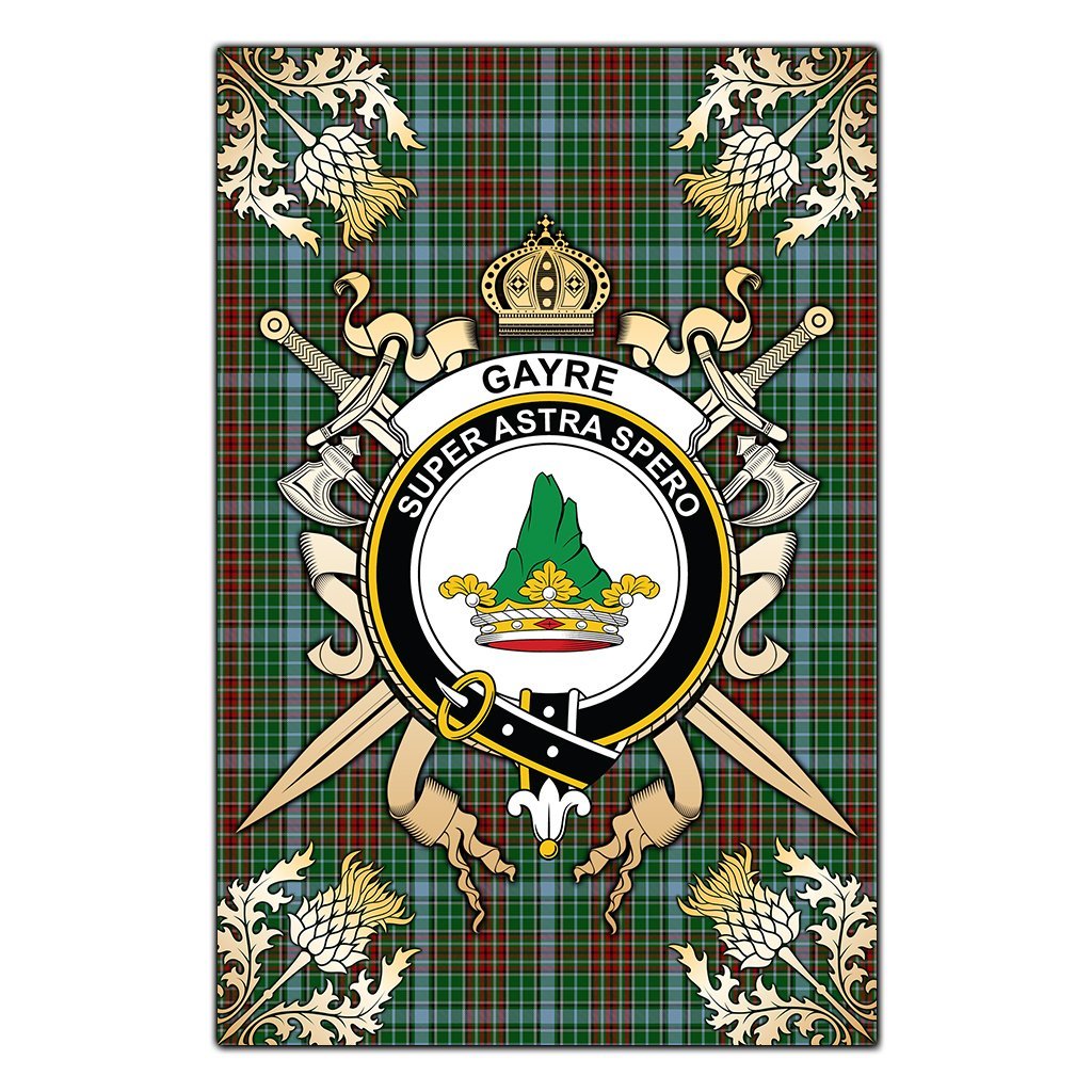 Gayre Tartan Crest Black Garden Flag - Gold Thistle Style