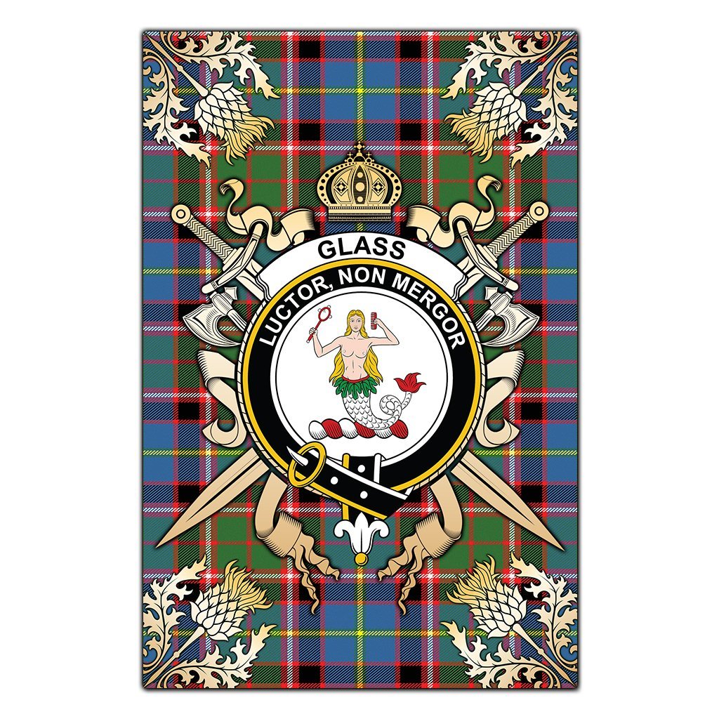 Glass Tartan Crest Black Garden Flag - Gold Thistle Style