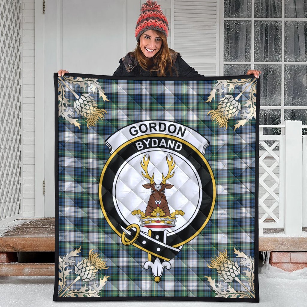 Gordon Dress Ancient Tartan Crest Premium Quilt - Gold Thistle Style
