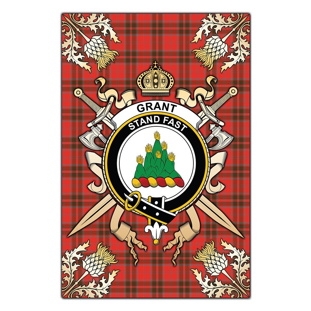 Grant Weathered Tartan Crest Black Garden Flag - Gold Thistle Style