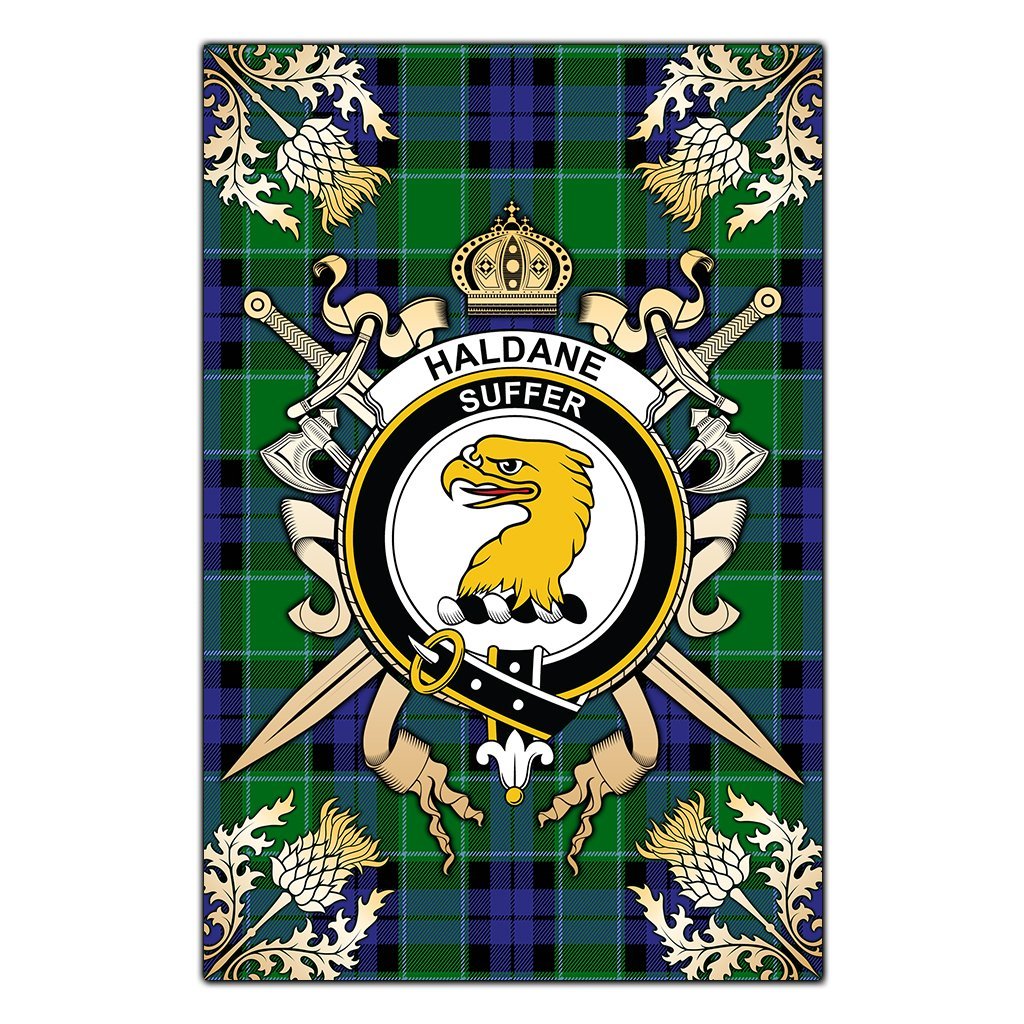 Haldane Tartan Crest Black Garden Flag - Gold Thistle Style