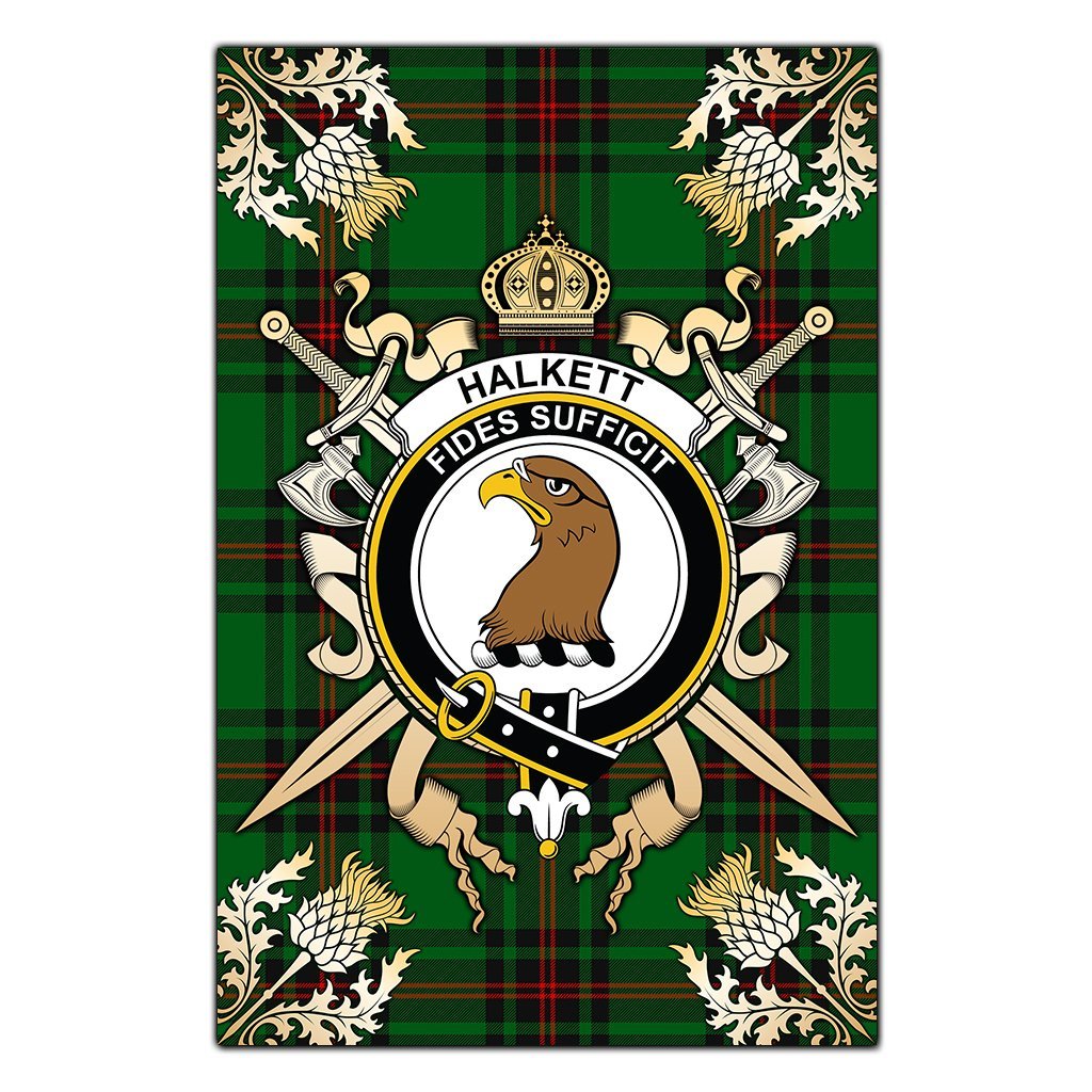 Halkett Tartan Crest Black Garden Flag - Gold Thistle Style