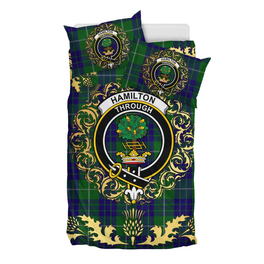 Hamilton Green Hunting Tartan Crest Bedding Set - Golden Thistle Style