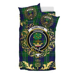 Hamilton Green Hunting Tartan Crest Bedding Set - Golden Thistle Style
