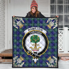 Hamilton Hunting Modern Tartan Crest Premium Quilt - Gold Thistle Style