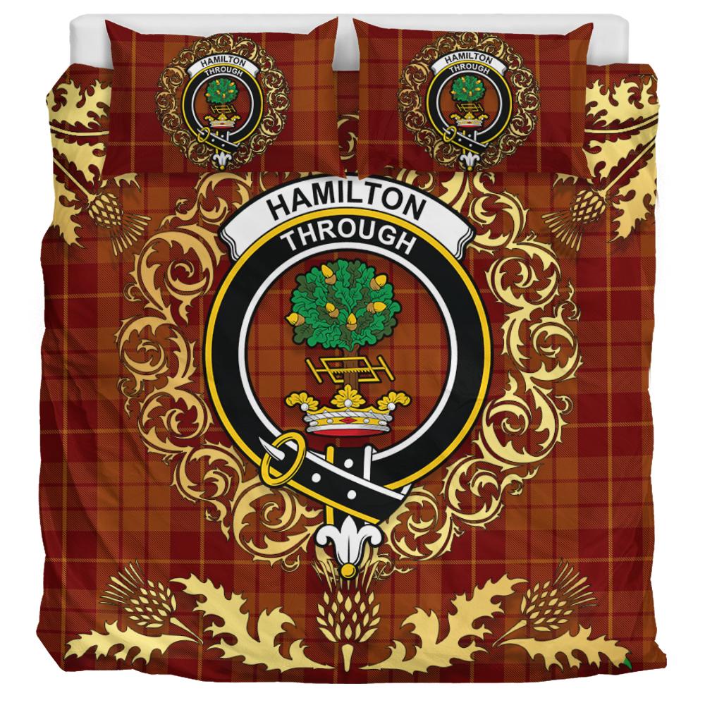 Hamilton Red Tartan Crest Bedding Set - Golden Thistle Style