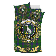 Hunter of Hunterston Tartan Crest Bedding Set - Golden Thistle Style