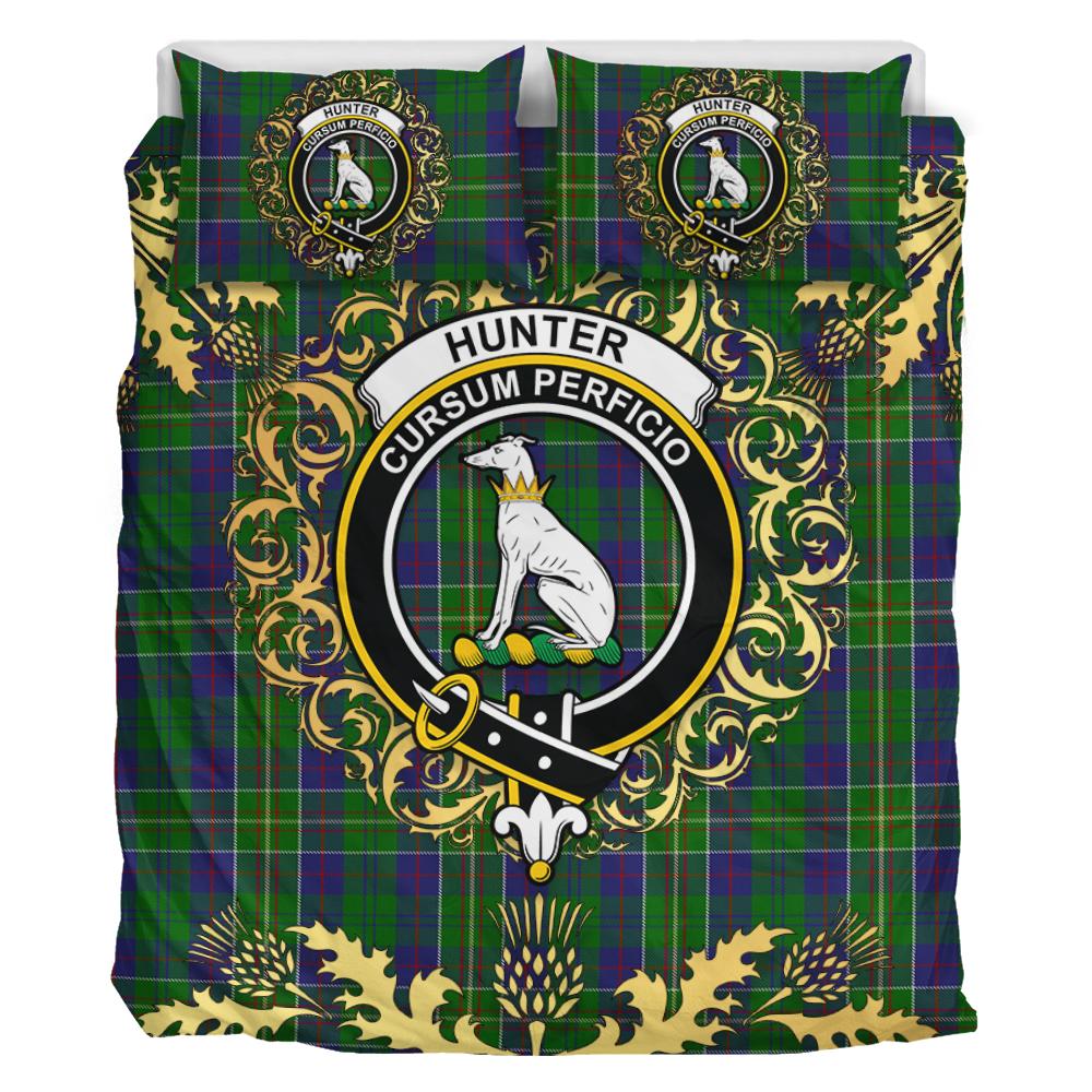 Hunter of Hunterston Tartan Crest Bedding Set - Golden Thistle Style