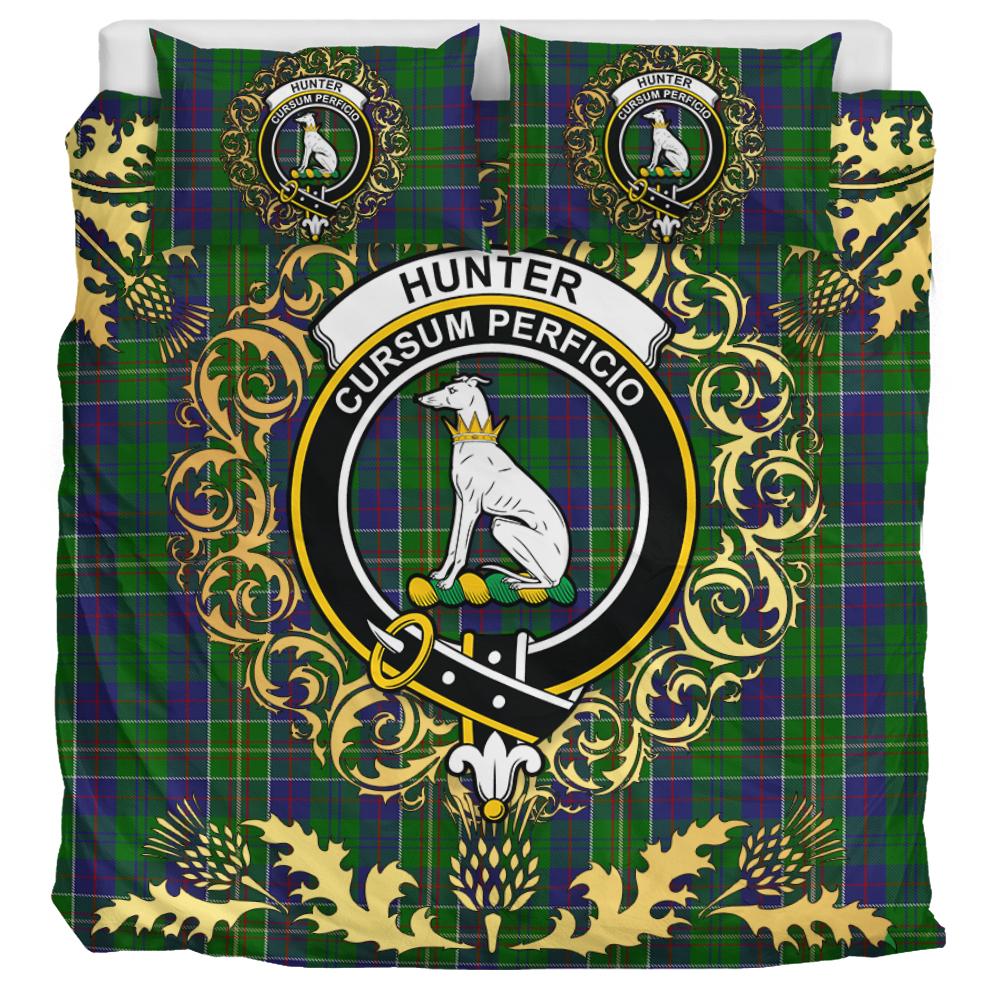 Hunter of Hunterston Tartan Crest Bedding Set - Golden Thistle Style
