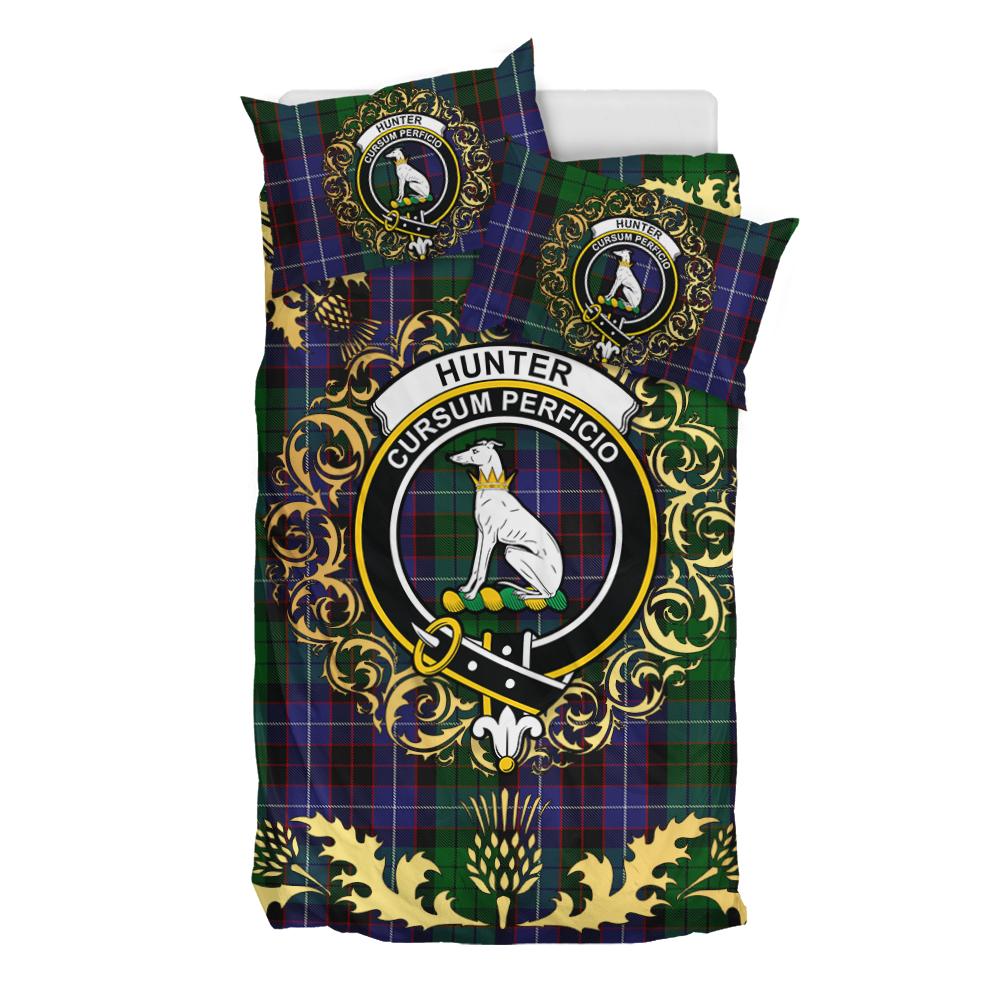 Hunter of Peebleshire Tartan Crest Bedding Set - Golden Thistle Style