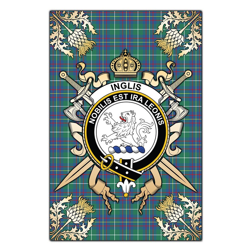 Inglis Ancient Tartan Crest Black Garden Flag - Gold Thistle Style
