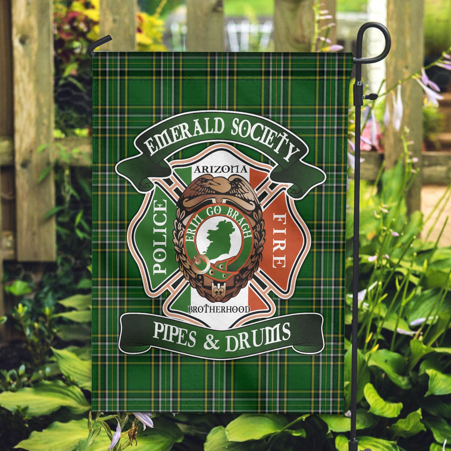 Irish National Tartan With Emerald Society Garden Flag