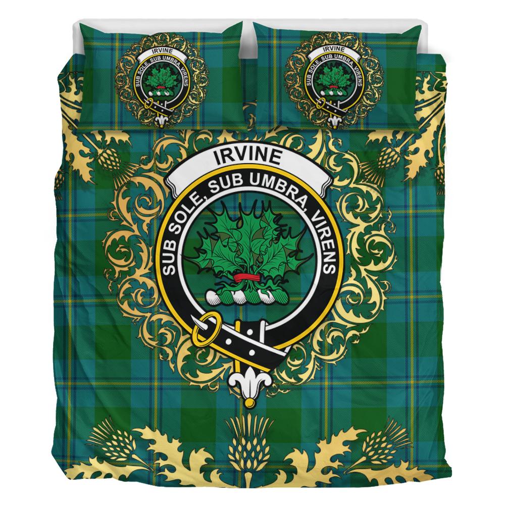 Irving of Bonshaw Tartan Crest Bedding Set - Golden Thistle Style