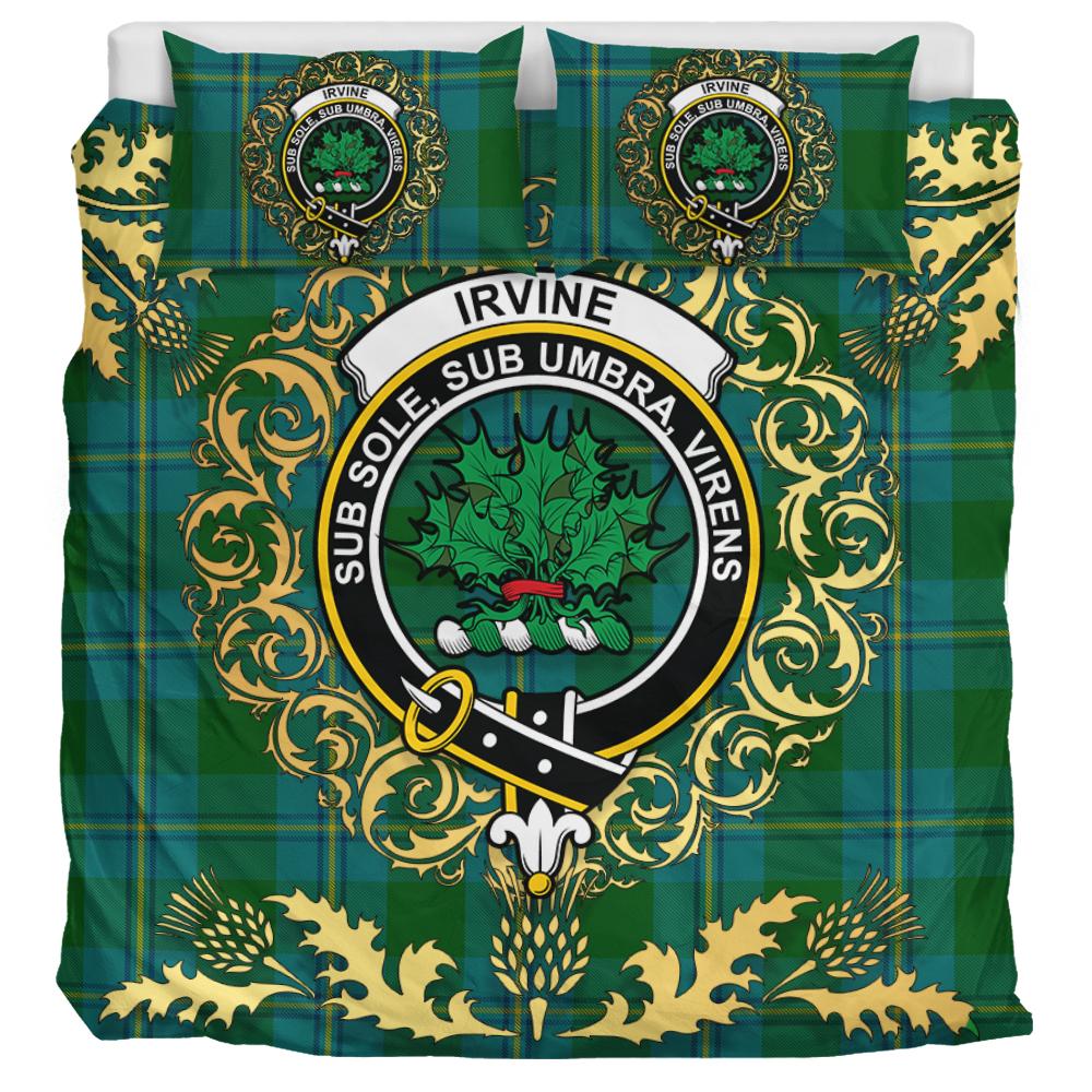 Irving of Bonshaw Tartan Crest Bedding Set - Golden Thistle Style