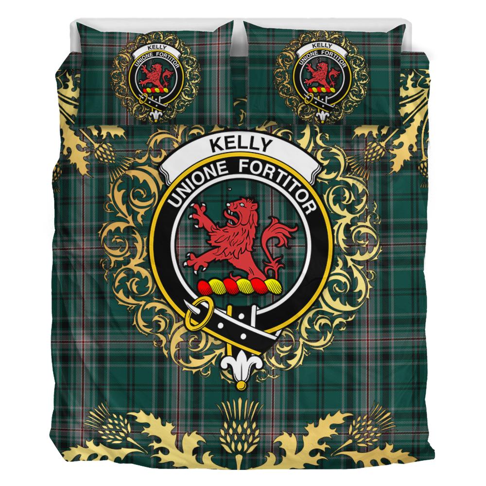 Kelly of Sleat Hunting Tartan Crest Bedding Set - Golden Thistle Style