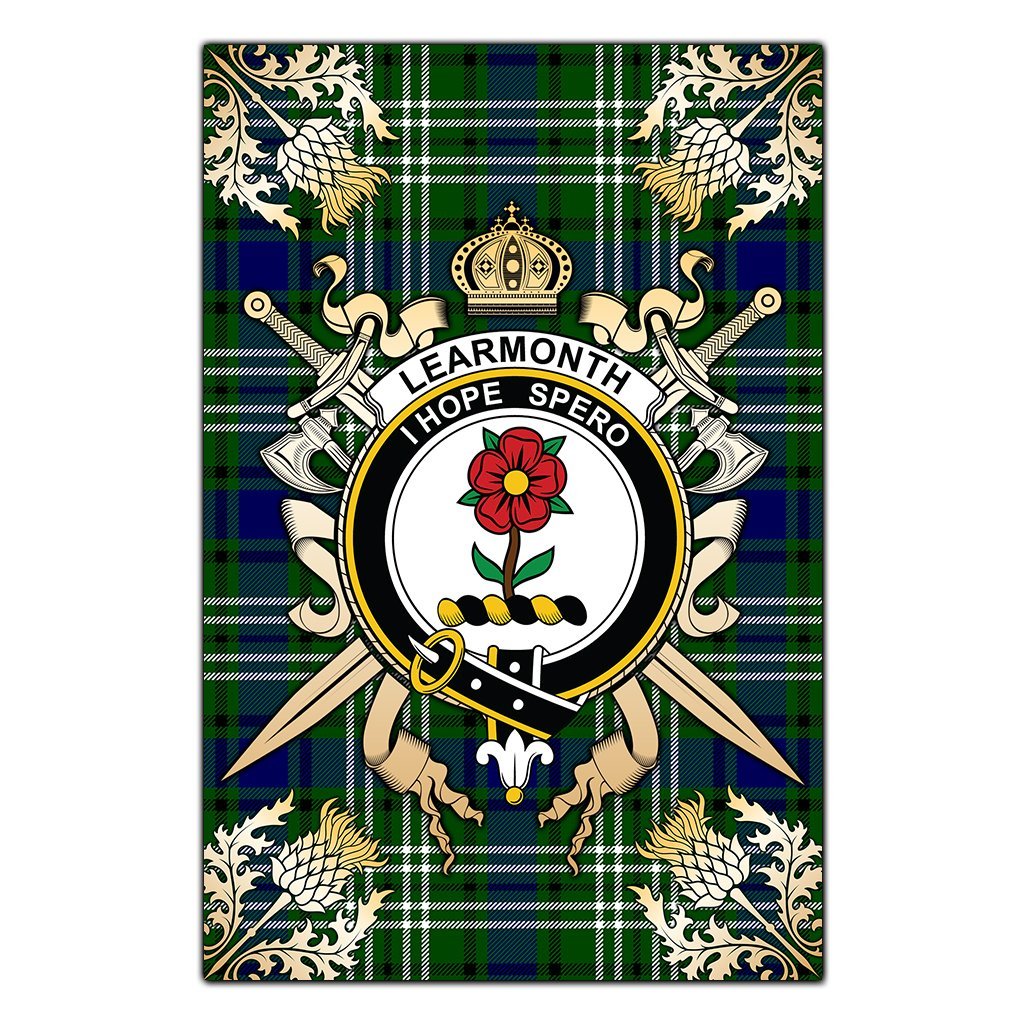 Learmonth Tartan Crest Black Garden Flag - Gold Thistle Style