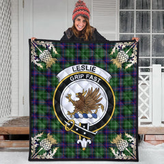 Leslie Hunting Tartan Crest Premium Quilt - Gold Thistle Style