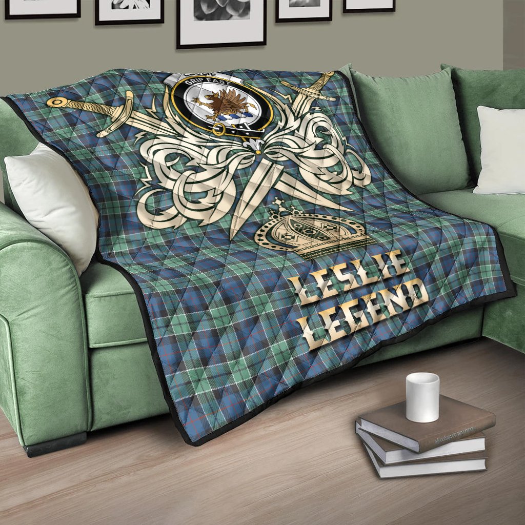 Leslie Hunting Ancient Tartan Crest Legend Gold Royal Premium Quilt