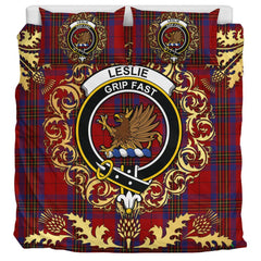 Leslie Red Tartan Crest Bedding Set - Golden Thistle Style