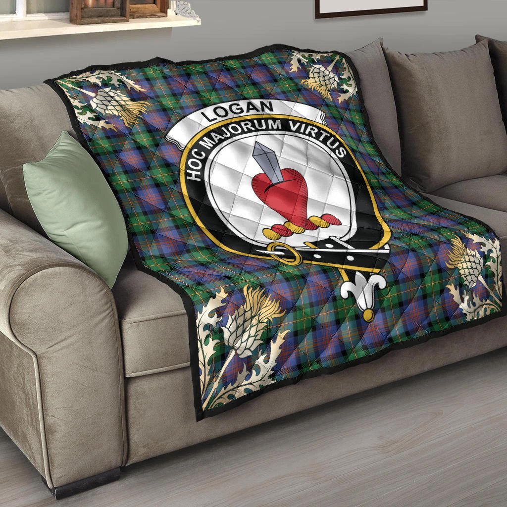 Logan Ancient Tartan Crest Premium Quilt - Gold Thistle Style