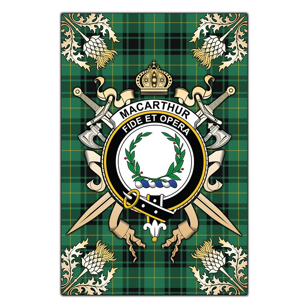 MacArthur Ancient Tartan Crest Black Garden Flag - Gold Thistle Style